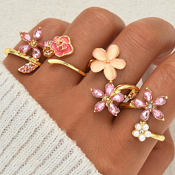 (52) Непрозрачная лаванда Набор колец/манжет для женщин из сплава, стразов и пластикового жемчуга с эмалью., цветок, штабелируемые кольца, золотые, разноцветные, 17~18 мм, о 4 шт / комплект