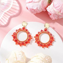 Оранжево-Красный Серьги-гвоздики из плетеного стеклянного бисера, серьги-подвески из латуни с цветочным кольцом, оранжево-красный, 59x48 мм