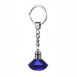 Medium Blue Diamond Shape Faceted Glass Keychain, with Platinum Plated Iron Split Key Rings, Medium Blue, 96mm, Pendants: 30.5x30mm