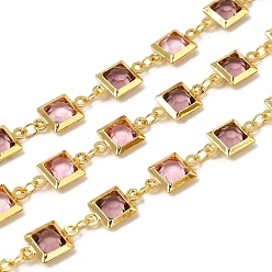 Бледно-Розовый Латунные цепочки с квадратными звеньями, со стеклом, стойки покрытие, долговечный, без свинца и без кадмия, реальный 18 k позолоченный, пайки, с катушкой, розовый жемчуг, 12x6.5x3 мм