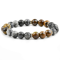 Pierre Mélangete 8 Bracelets extensibles ronds unisexes en œil de tigre naturel et larvikite., 7.09~7.28 pouce (18~18.5 cm)