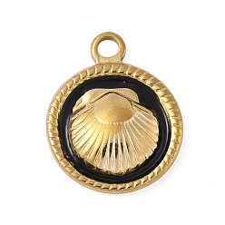 Черный 304 нержавеющей стальной эмали подвески, плоская круглая с подвеской из ракушек, золотые, чёрные, 18.5x15x3.5 мм, отверстие : 2.5 мм