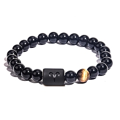 Aries Natural Black Agate(Dyed & Heated) Stretch Bracelets, Constellations Theme Bracelet, Aries, Inner Diameter: 2-3/8 inch(6cm)