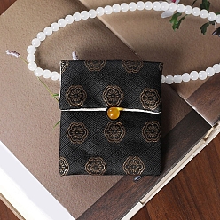Black Chinese Style Cloth Bags with Buttons, Rectangle with Flower Jewelry Pouches, Black, 10x9cm