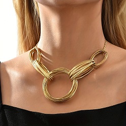 Golden 201 Stainless Steel Multi Ring Link Bib Necklaces for Women, Golden, 17.72~20.47 inch(45~52cm)