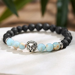 Светло-голубой Браслеты из эластичной ткани с круглыми бусинами из натуральной лавовой породы и камня шоушань., Ювелирные изделия из сплава в виде льва для мужчин, окрашенные, светло-голубой, 7.09 дюйм (18 см)