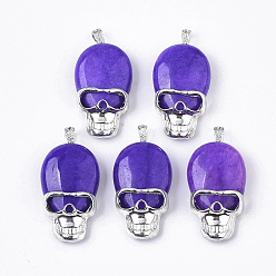 Slate Blue Natural Jade Pendants, with Alloy Findings, Dyed, Skull, Platinum, Slate Blue, 43~44x25x11~12mm, Hole: 7.5x4mm