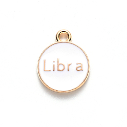 Libra Alloy Enamel Pendants, Flat Round with Constellation, Light Gold, White, Libra, 15x12x2mm, Hole: 1.5mm, 100pcs/Box