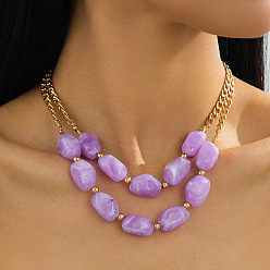 Medium Purple Nuggets Acrylic Beaded Double Layer Necklaces with Alloy Twisted Chains, Golden, Medium Purple, 14.57 inch(37cm)