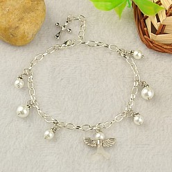 Weiß Schönen Hochzeitskleid Engel Charme Armbänder, mit Tibetischen Stil Perlen, Perlige Glasperlen, Acryl-Anhänger, Eisenketten und Leichtmetallkarabinerverschlüsse, weiß, 270 mm