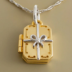 Platinum & Golden Two Tone Brass Openable Gift Box Photo Locket Pendant Necklaces for Women, Platinum & Golden, 17.72 inch(45cm)