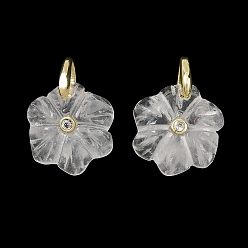 Quartz Crystal Natural Quartz Crystal Pendants, Rock Crystal Flower Charms with Brass Micro Pave Cubic Zirconia Findings, Golden, 16.5~17x15~16x4.5~5.5mm, Hole: 4.4x4mm