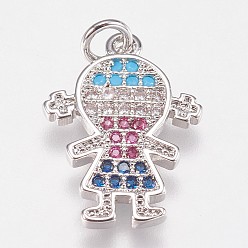 Платина Латунные микро проложить кубического циркония подвески, девушка, платина со смешанным цветом cz, 18.5x13.5x1.5 мм, отверстие : 2.5 мм