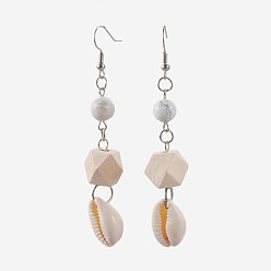Howlite Runde Ohrringe aus natürlichem Howlith, mit Kaurimuschel, Holzperlen und Messing Ohrhaken, Platin Farbe, 77~79 mm, Stift: 0.6 mm