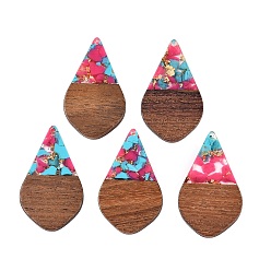 Темно-Розовый Подвески из прозрачной смолы и ореха, подвески-капли с золотой фольгой, темно-розовыми, 48.5x28x3.5 мм, отверстие : 2 мм