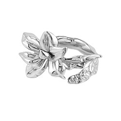 Platinum Brass Cuff Open Rings for Women, Flower, Platinum, Inner Diameter: 15~20mm