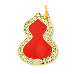 Red Rack Plating Brass Micro Pave Clear Cubic Zirconia Pendants, with Enamel, Long-Lasting Plated, Lead Free & Cadmium Free, Real 18K Gold Plated, Gourd, with Jump Ring, Red, 19x14.5x1.5mm, Hole: 3mm
