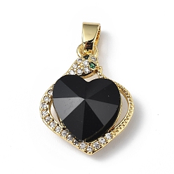 Black Real 18K Gold Plated Rack Plating Brass Micro Pave Clear Cubic Zirconia Pendants, with Glass, Long-Lasting Plated, Cadmium Free & Lead Free, Heart Charm, Black, 21.5x17x8mm, Hole: 5x3.2mm