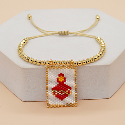Красный Браслеты ручной работы из стеклянного бисера с подвесками, Плетеные латунные круглые бусины для женщин, с полиэфирным кордом, Прямоугольник с сердцем, красные