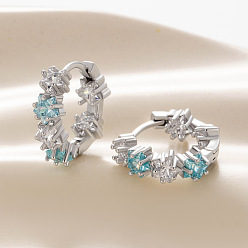 Бледно-бирюзовый Серьги-кольца из латуни с кубическим цирконием в форме звезды, платина, бледные бирюзовая, 15x4.5 мм