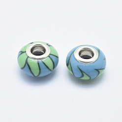Medium Spring Green Handmade Polymer Clay European Beads, with Silver Color Plated Brass Cores, Large Hole Beads, Rondelle with Flower Pattern, Medium Spring Green, 13~16x8~11mm, Hole: 4.5~5mm