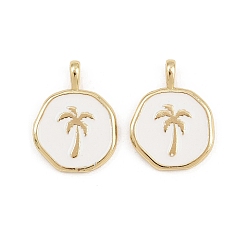 Белый Латунь эмаль подвески, плоские круглые и кокосовые подвески, стойки покрытие, без кадмия и без свинца, долговечный, реальный 18 k позолоченный, белые, 18x14x4 мм, отверстие : 4x2 мм