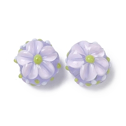 Лиловый Эмалевые бусины ручной работы в технике лэмпворк, бусины ручной работы, шероховатая круглая с цветком, сирень, 14x10.5~12 мм, отверстие : 1.5 мм