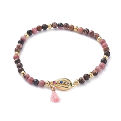 Rhodonite Natural Rhodonite Stretch Charm Bracelets, with Brass Beads, Brass Micro Pave Cubic Zirconia Links, Polyester Cotton Tassel and Cardboard Packing Box, Cowrie Shell, 2-1/8 inch(5.5cm)