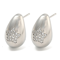 Star Rack Plating Brass Micro Pave Clear Cubic Zirconia Stud Earring, Cadmium Free & Lead Free, Long-Lasting Plated, Teardrop, Real 18K Gold Plated, Star, 19x12mm