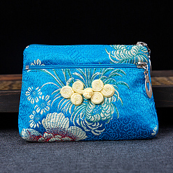 Deep Sky Blue Rectangle Chinese Style Silk Zipper Pouches, Change Purses, with Chinese Buckle, for Bracelet, Necklace, Deep Sky Blue, 13x9cm