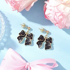 Черный Серьги эмали сплава, бантом, с 304 нержавеющей сталью и латунью, золотые, чёрные, 25x21 мм