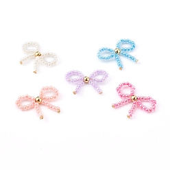 (52) Непрозрачная лаванда Стеклянные бусины ручной работы плетеные подвески, с латунными бусинами и медной проволокой, бантом, золотые, разноцветные, 15x17x2.5 мм