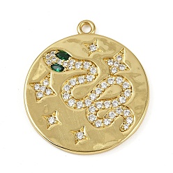 Настоящее золото 18K Латунные микро проложить кубического циркония подвески, круглый со змеей, долговечный, без кадмия и без свинца, стойки покрытие, реальный 18 k позолоченный, 28x25x2 мм, отверстие : 1.8 мм