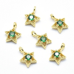 Real 18K Gold Plated Brass Charms, with Cubic Zirconia, Lead Free & Cadmium Free & Nickel Free, Star, Green, Real 18K Gold Plated, 11x7.5x4mm, Hole: 2mm