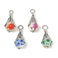 Colorful 304 Stainless Steel & Printed Handmade Porcelain & Brass Pendants, Teardrop with Flower Charms, Stainless Steel Color, Colorful, 27x11.5x11.5mm, Hole: 3.5mm, about 100pcs/bag