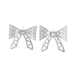 Platinum Hollow Bowknot Brass Stud Earrings, Long-Lasting Plated, Lead Free & Cadmium Free, Platinum, 20x21mm