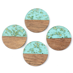 Бледно-бирюзовый Подвески из прозрачной смолы и ореха, золотой фольгой, плоско-круглые, бледные бирюзовая, 28x3 мм, отверстие : 2 мм