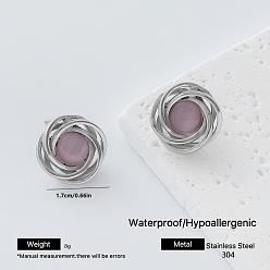 Plum Imitation Gemstone 304 Stainless Steel Resin Stud Earrings for Women, Flower, Stainless Steel Color, Plum, 17mm