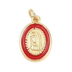 Темно-Синий Латунные подвески, с эмалью, овал с подвесками Девы Марии, без кадмия и без свинца, реальный 18 k позолоченный, темно-синий, 17x12x2.5 мм, отверстие : 3.5 мм