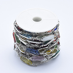 Platinum Handmade Glass Beaded Chains, Soldered, with Spool, Brass Findings, Oval, Colorful, Platinum, 2.5mm, about 16.4 Feet(5m)/roll