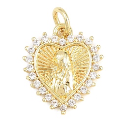 Сердце Латунные микро проложить кубического циркония подвески, прелести девы марии, долговечный, стойки покрытие, без свинца и без кадмия, реальный 18 k позолоченный, прозрачные, сердце, 15.5x13.5x2 мм, отверстие : 3.2 мм