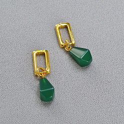 Зеленый агат Серьги-кольца из латуни и натурального зеленого оникса и агата., золотые, слеза, 32 мм