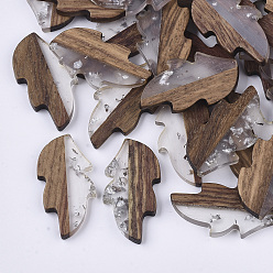 Silver Transparent Resin & Wood Cabochons, with Silver Foil, Leaf, Silver, 31.5x16x3mm