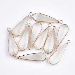 WhiteSmoke Synthetic Cat Eye Pendants, with Brass Findings, Faceted, teardrop, Golden, WhiteSmoke, 36x11.5x5.5mm, Hole: 2mm