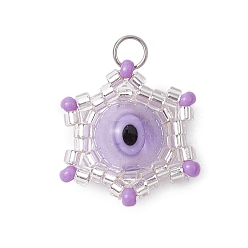 Сливовый Подвески-звездочки из бисера, подвески из стеклянных бусин с узором ткацкого станка, с Lampwork, Кольца прыжок, слива, 17.5x15.5x8.5 мм, отверстие : 2.5 мм