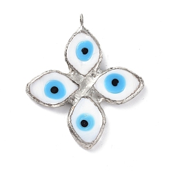 White Handmade Lampwork Big Pendants, with Eco-friendly Platinum Tone Tin Findings, Cadmium Free & Lead Free, 4-Petal Flower with Evil Eye Charm, White, 52x45x5mm, Hole: 4.5mm