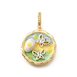 Разноцветный Латунные подвески с микропаве из кубического циркония и эмали, плоский круглый с подвесками в виде бабочек, с блестящей пудрой и натуральным пресноводным жемчугом, без никеля , реальный 18 k позолоченный, красочный, 27.5x25x10.5 мм, отверстие : 6.5x4.5 мм