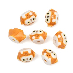 Orange Cute Hand Painted Mini Owl Porcelain Beads, Ceramic Animal Beads, Orange, 11.5~12x17x13~13.5mm, Hole: 2.5~2.7mm