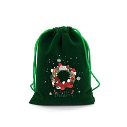 Christmas Wreath 50шт. Рождественские бархатные подарочные пакеты на шнурке, прямоугольные, Рождественский венок, 12x9 см