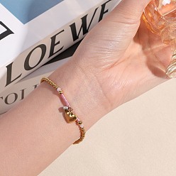 Pink 304 Браслеты из нержавеющей стали, стекла и стразов, 304 Женские браслеты из круглых бусин из нержавеющей стали, сердце, золотые, розовые, 6.89 дюйм (17.5 см)